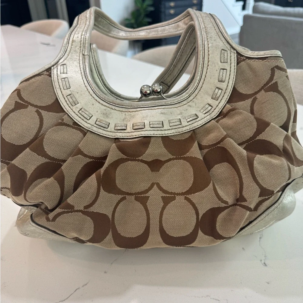 Coach Ergo Op Art Signature Brown Metallic Silver Leather Trim Bag